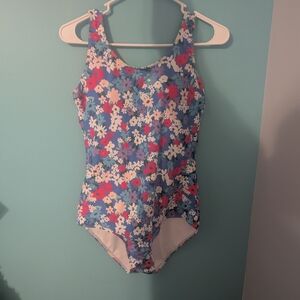 Blue Floral Print Women's One Piece Swimsuit Size 6/8